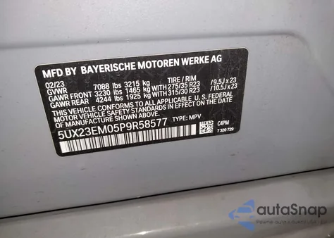 2023 BMW X7 xDrive40I z USA, uszkodzony, nr VIN 5UX23EM05P9R58577